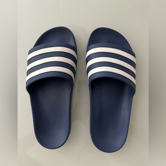 adidas® Adilette Aqua Slides Dark Blue with White Stripes, women’s Size 7 - Picture 3 of 6